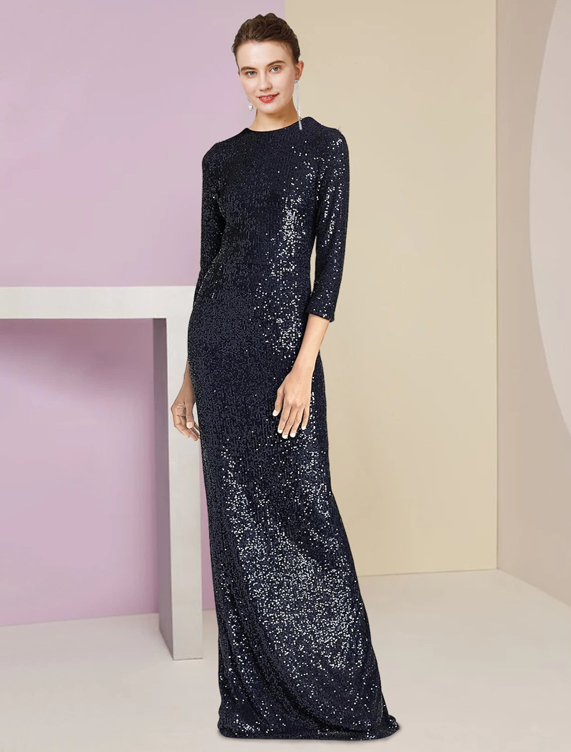 Luolandi Two Piece Sheath / Column Mother of the Bride Dress Formal Wedding Guest Sparkle & Shine Elegant Scoop Neck Floor Length Detachable Taffeta Sequined 3/4 Length Sleeve